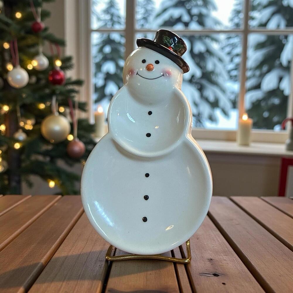 Hallmark Snowman Black Hat Dish with 2 Compartments 7.5" Candy Dish